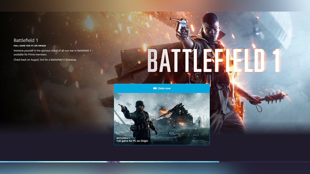 Freebie: Amazon is giving away the PC version of Battlefield 1 for free, and will give away Battlefield 5 next