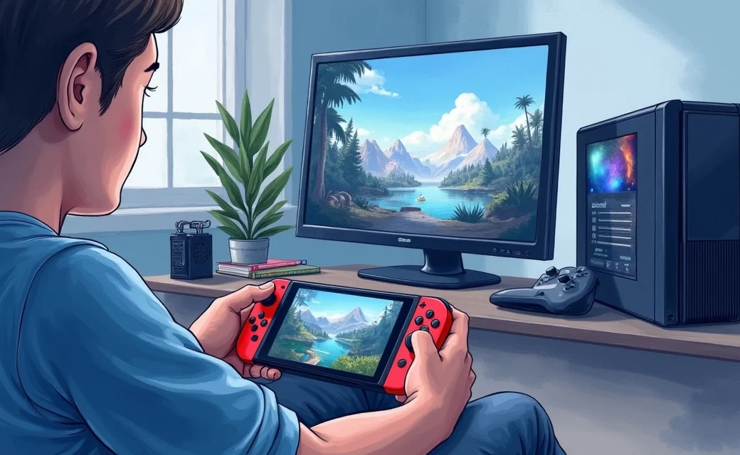 Gamer with multiple gaming platforms including Switch, PlayStation, and PC setup
