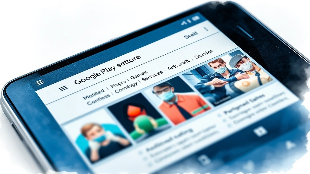 Play Store search results showing app listings with star ratings, developer names, and install buttons